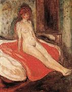 Edvard Munch The Gril sitting on the red quilt oil painting artist